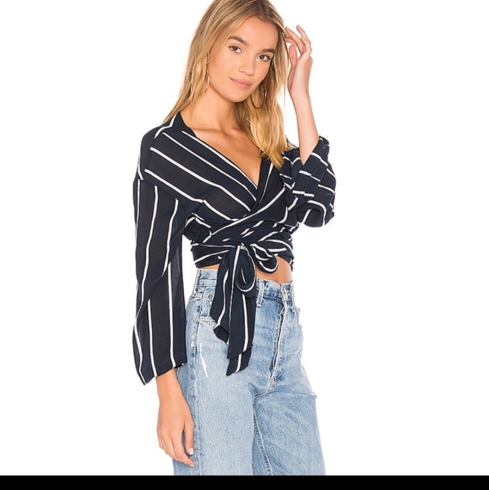 Faithfull the Brand navy blue white pinstripe wrap tie waist crop top Medium - Picture 2 of 5